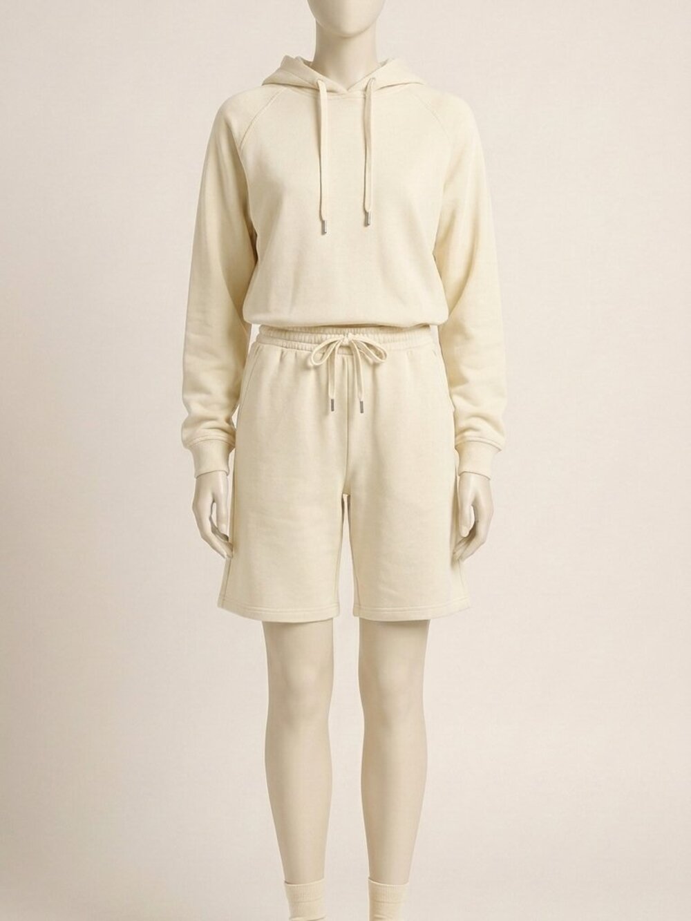 NELEUS Creme Modal 2Pc Hooded Sweatshirt Bermuda Shorts Lounge Set M